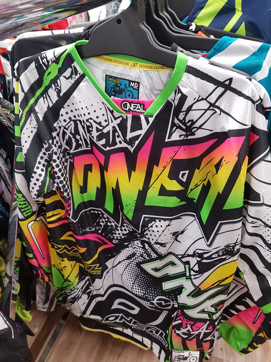ONEAL RACING Adult Offroad Jersey - SALE - Size Mens Medium - White Black Fluro multi pink yellow green