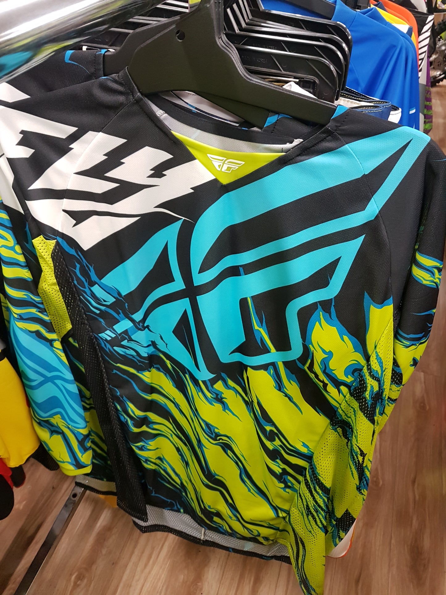 FLY RACING Adult Offroad Jersey - SALE - Size Mens Medium - Blue Teal Cyan Black Hi Vis Fluro Yellow Green