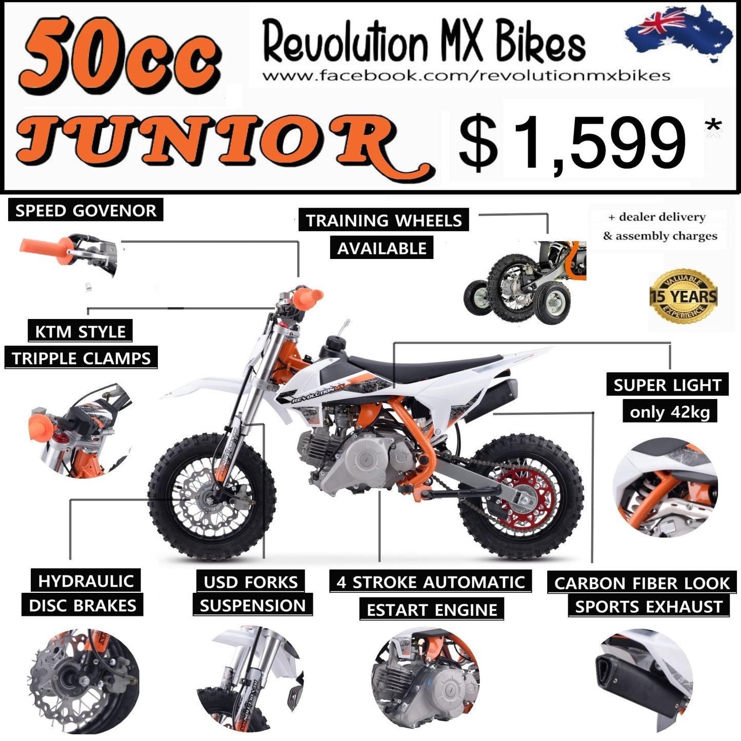 50cc Junior FL Revoluiton MX bike & FREE training wheels FLURO
